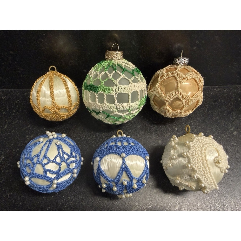 Lot Of 6 Vtg Handmade Satin Thread Crochet Christmas Ball Ornaments Pearls Lace